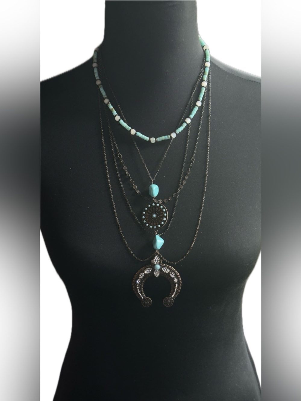 Shyanne Turquoise Rust Crop Layered Crescent & Bead Necklace
